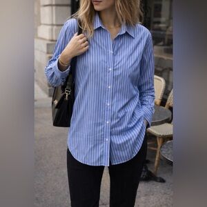 CALVIN KLEIN Striped Boyfriend Shirt, Long Button-down, Blue, Nautical, US M